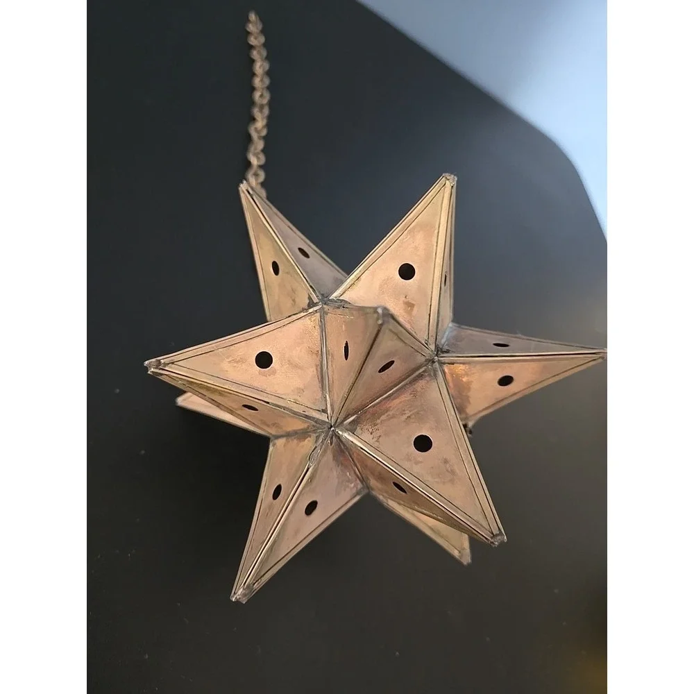 Vtg. Moravian Star Pierced Metal Votive Candle Pendant Hanging Light 6